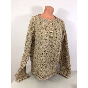 Hand Knit Wool Sweater Cable Knit Henley Womens XL